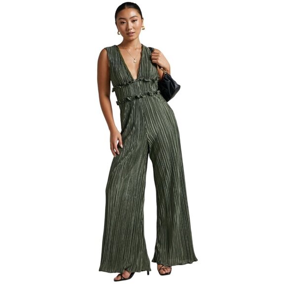 Showpo Armida Jumpsuit Size 12 Plunge Neckline Wide Leg Plisse Event Party Green - Picture 1 of 13
